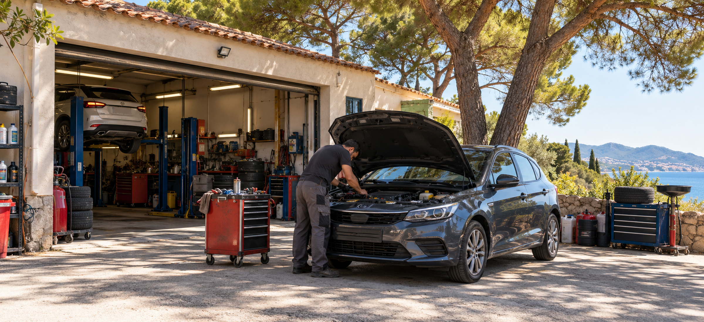 garage sous les pins, voiture capot ouvert, lumière méditerranéenne